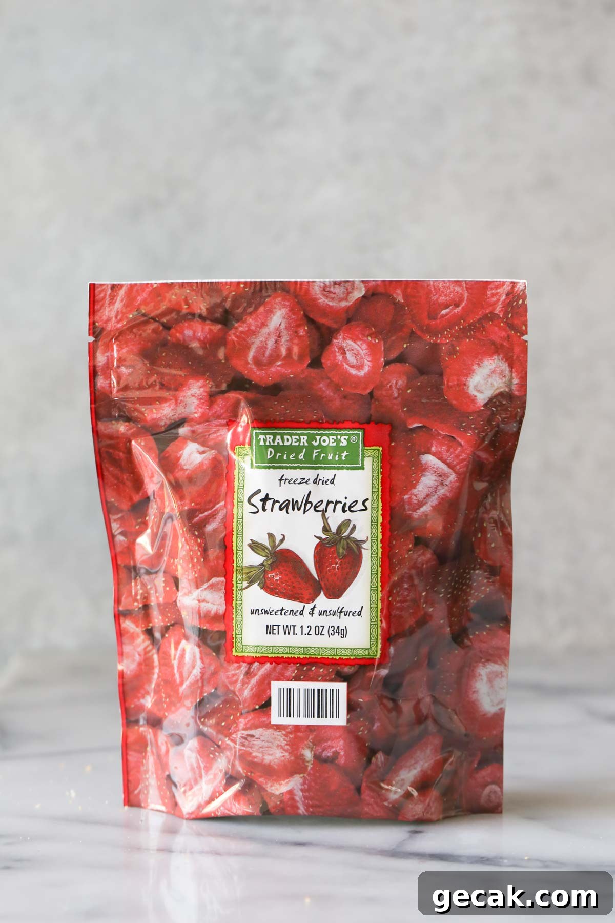 Strawberry Rice Krispie Treats Recipe – Fresh Fruity Snack 3 A package of Trader Joe's Freeze Dried Strawberries that are used in the recipe for Strawberry Rice Krispie Treats.