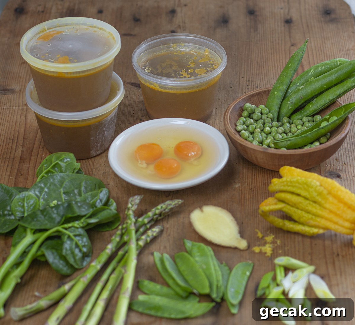 Ingredients for the Spring Egg Drop Soup on a wooden board