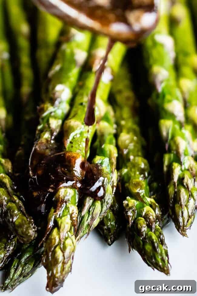 Close-up of roasted asparagus on a white plate.