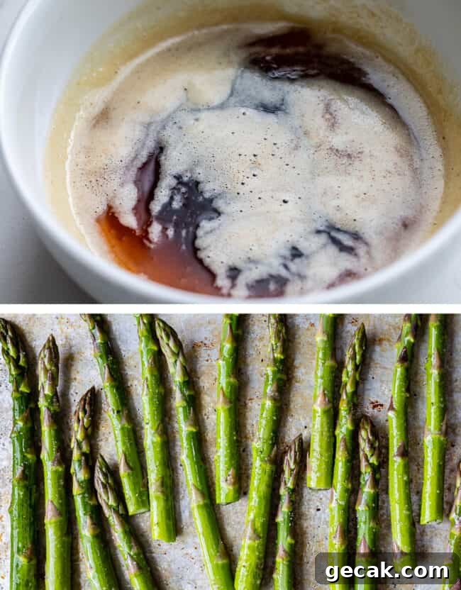 Browned butter in a white bowl and asparagus on a sheet pan.