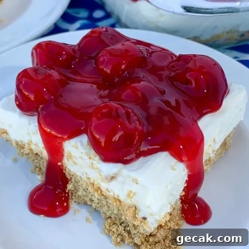 Piece of cherry delight dessert on a white plate