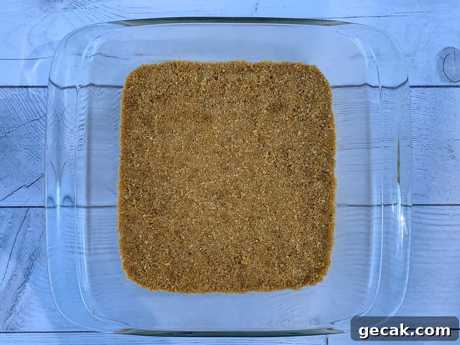 Graham cracker, brown sugar and butter crust pressed in 9 inch square dish