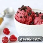 Side shot of raspberry frozen yogut with chocolate chips in a white bowl with raspberries on the side.