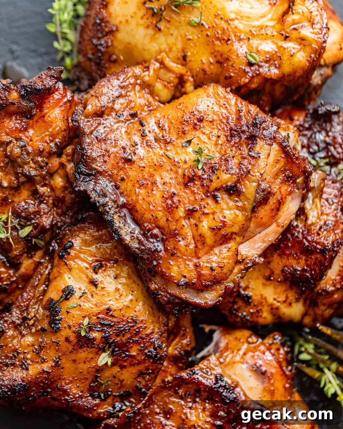 smoked chicken thighs on a plate.