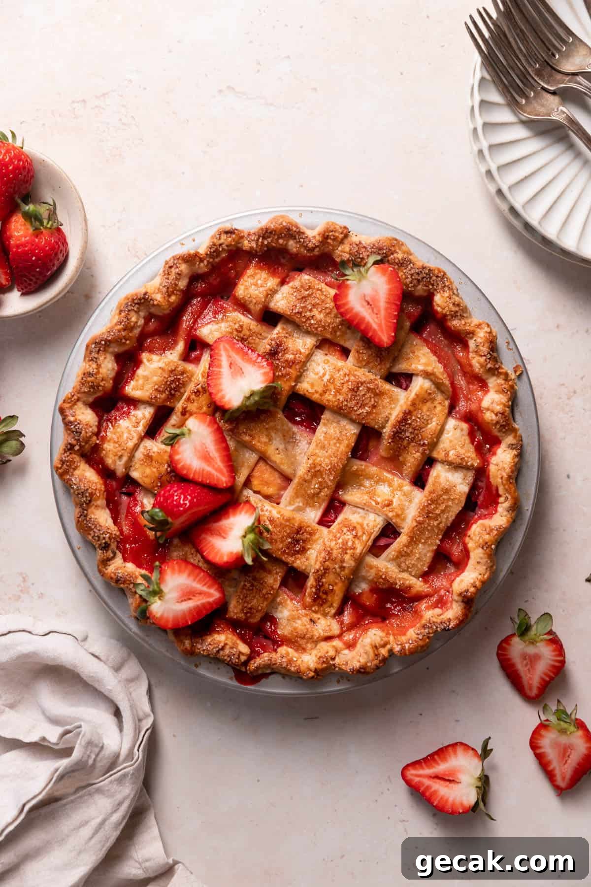 Brown Butter Strawberry and Peach Pie Recipe 2 strawberry peach pie in a pie pan with fresh berries on top.