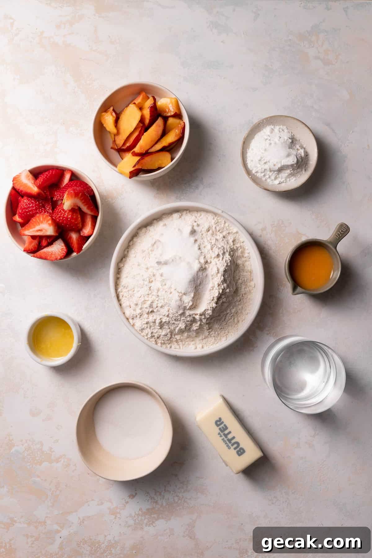 Brown Butter Strawberry and Peach Pie Recipe 3 ingredients needed to make this pie recipe in bowls.