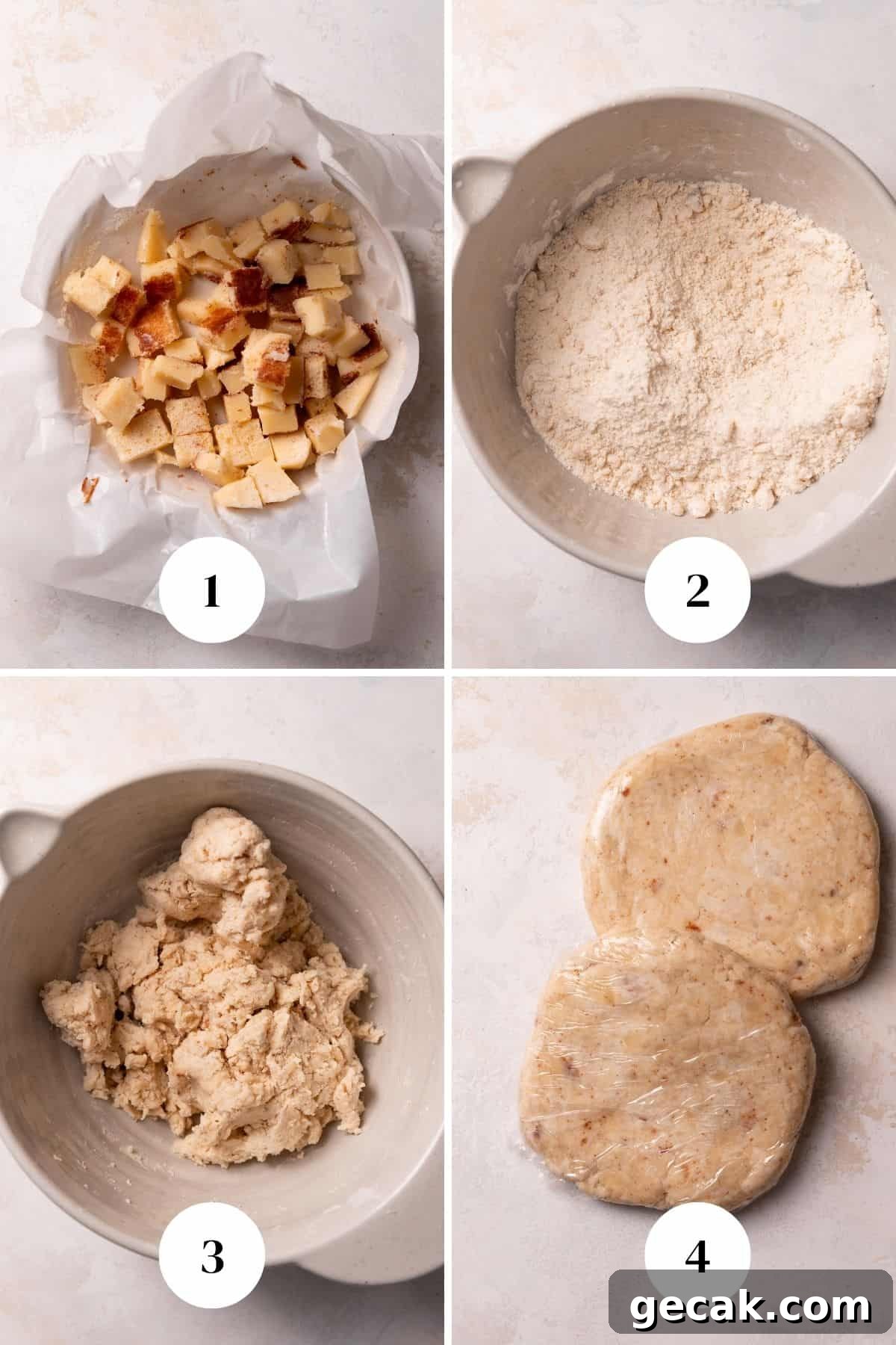 Brown Butter Strawberry and Peach Pie Recipe 4 a process collage of the steps for making brown butter pie dough.