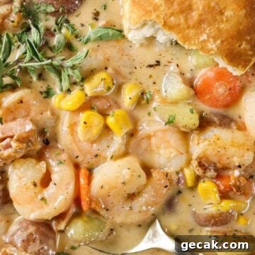 Creamy Shrimp & Corn Chowder with a Biscuit and Fresh Herbs