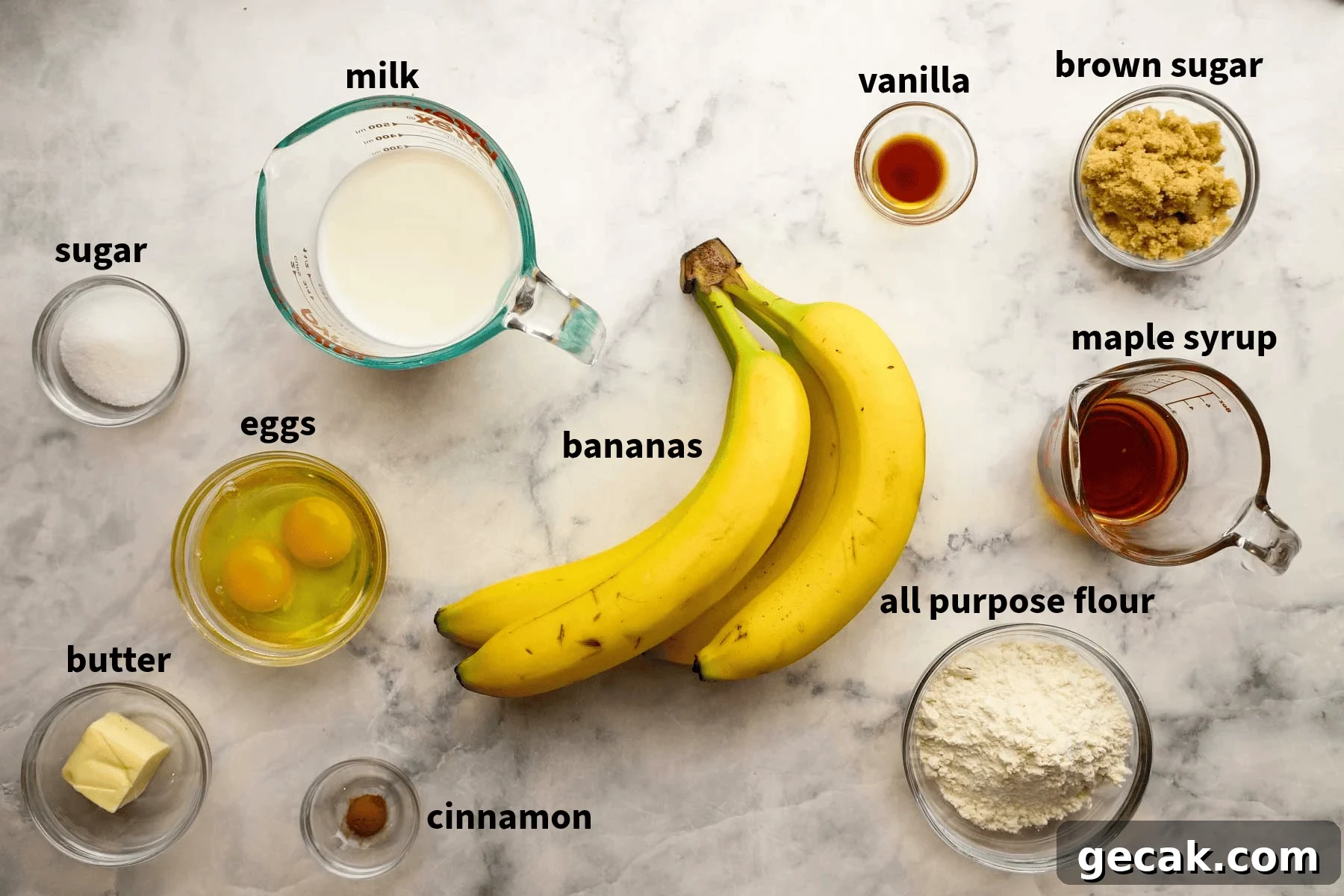 ingredients used to make banana foster crepes pictures and labelled