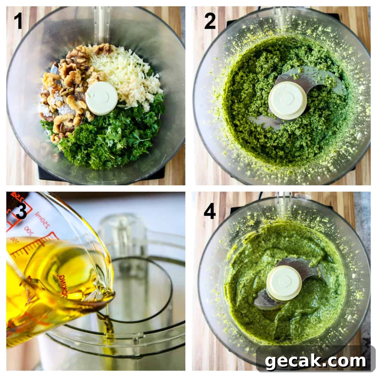Parsley and Walnut Pesto Recipe: Fresh Homemade Sauce 6 Agroup of four photos showing how to make parsley pesto step by step.