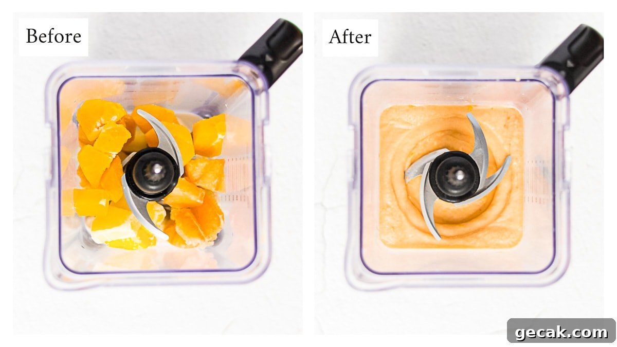 Two side-by-side pictures of a blender. The first blender is filled with frozen orange, banana, pineapple, and almond milk. The second blender has a blended smoothie in it.