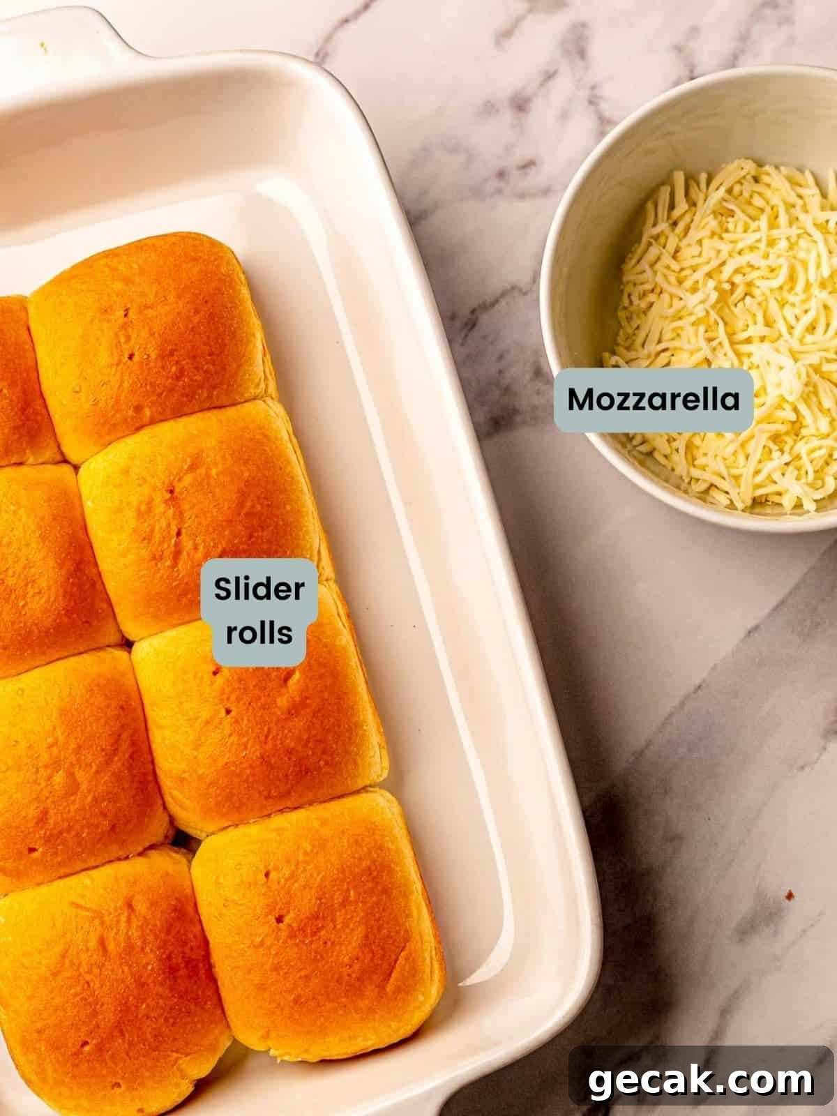 Slider rolls and mozzarella cheese.