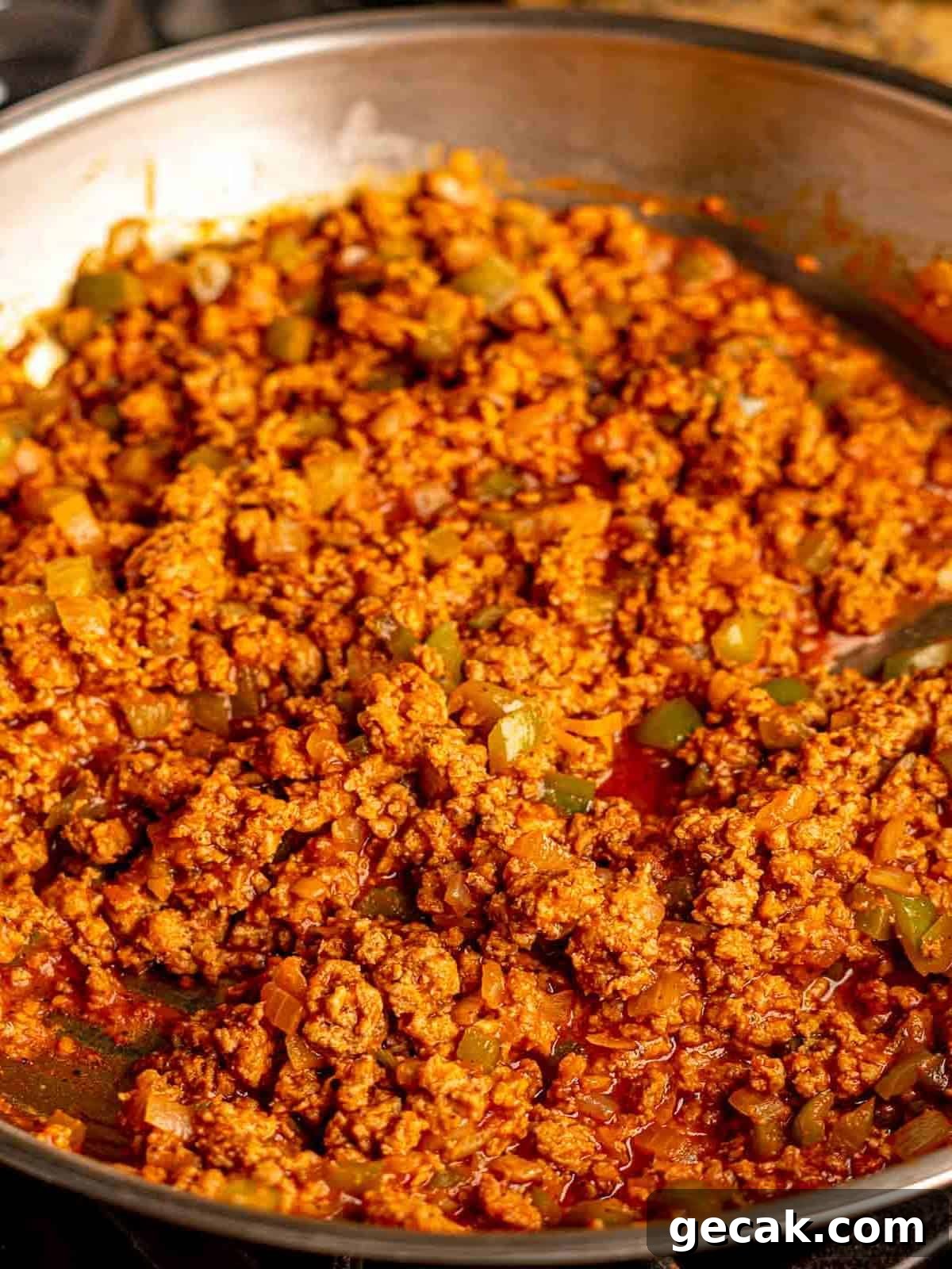 Sloppy joe mix in a pan.