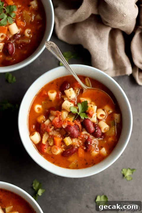 Minestrone Soup in a bowl with a spoon