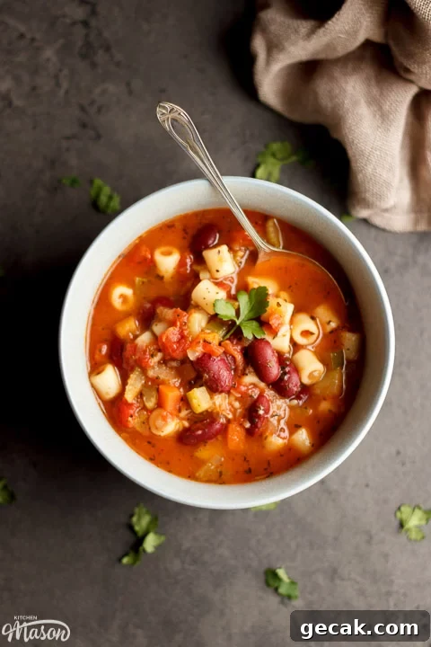 Minestrone Soup in a bowl with a spoon