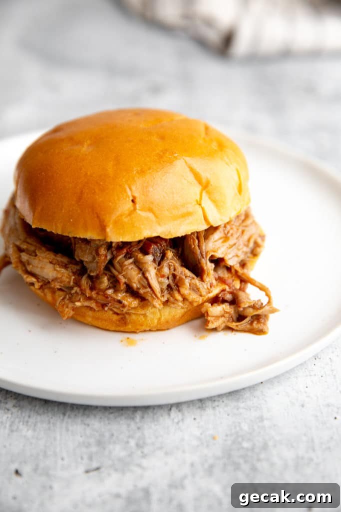 Pulled pork in a bun on a plate.