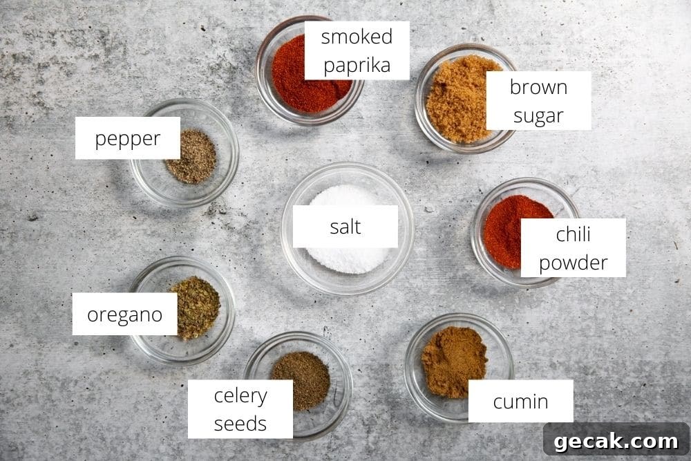 The pork butt spice rub ingredients in small bowls on a gray surface, with labels.