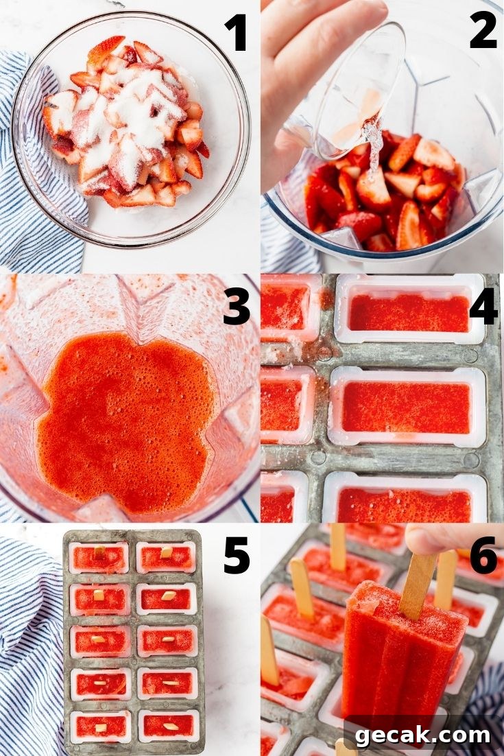 a collage of six images showing how to make homemade strawberry popsicles.