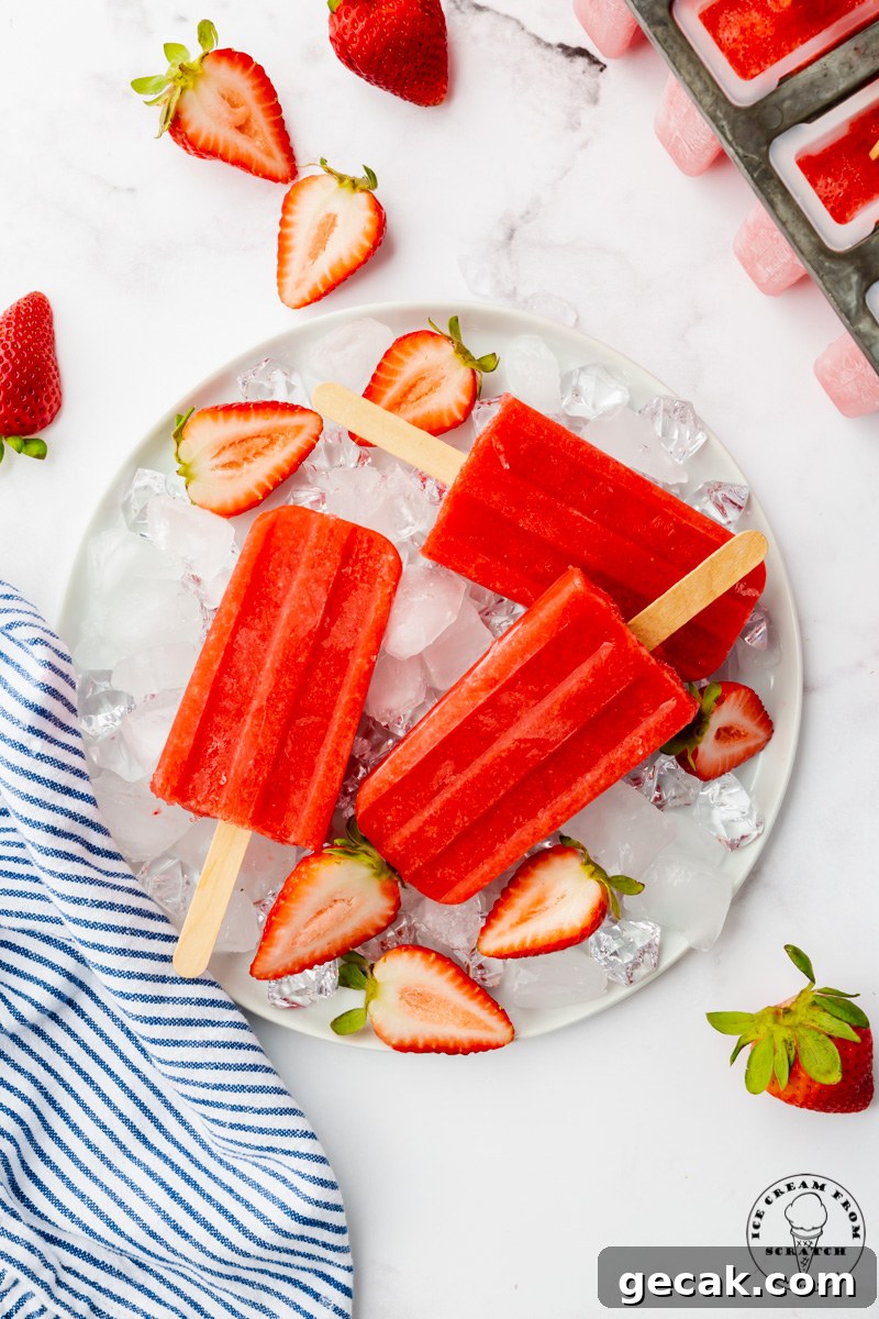 A round plate of ice topped with three homemade strawberry popsicles and halved berries.