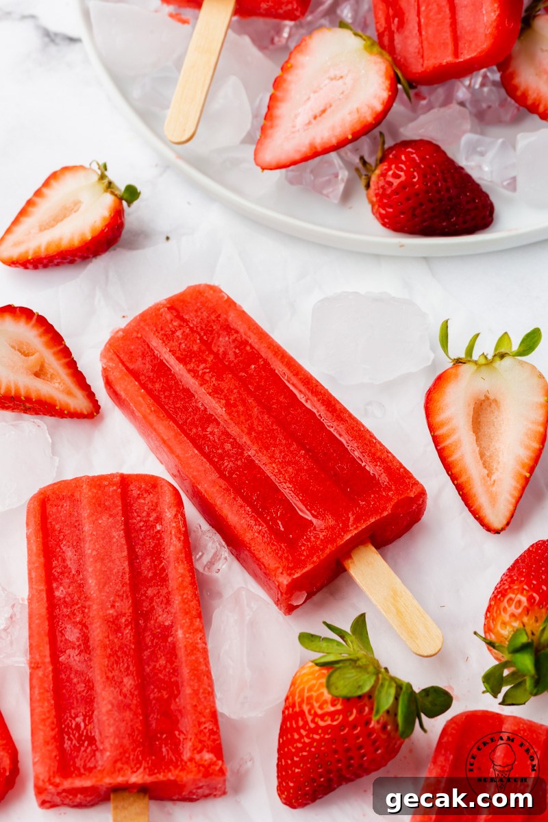 Two strawberry popsicles and fresh berries laid on a bed of ice cubes.