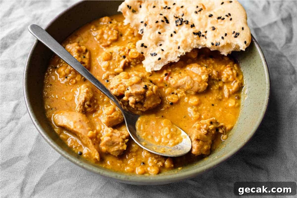 Top 10 Must-Try Recipes from 2020 for Home Cooks 4 A bowl of lentil curry with a spoon and piece of naan bread