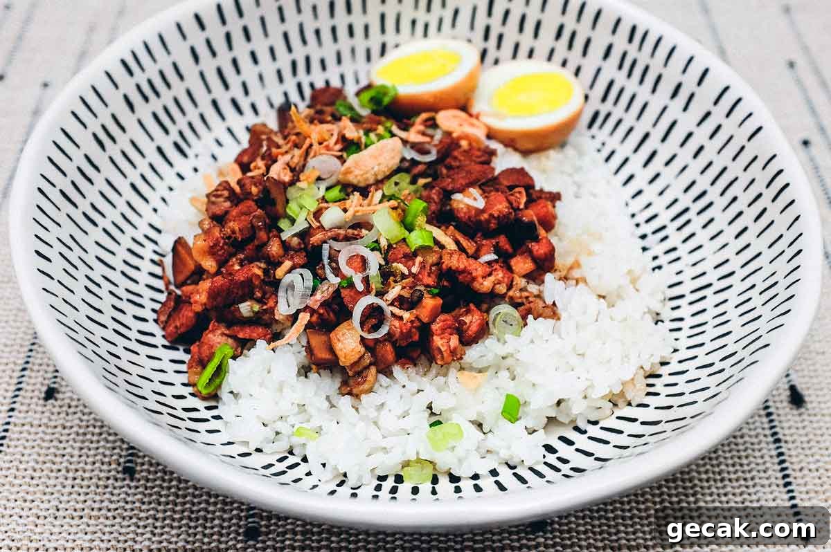 Top 10 Must-Try Recipes from 2020 for Home Cooks 7 A bowl of Taiwanese braised pork (Lu Rou Fan) on a bed of rice with two egg halves, crispy onion and spring onions as a garnish.