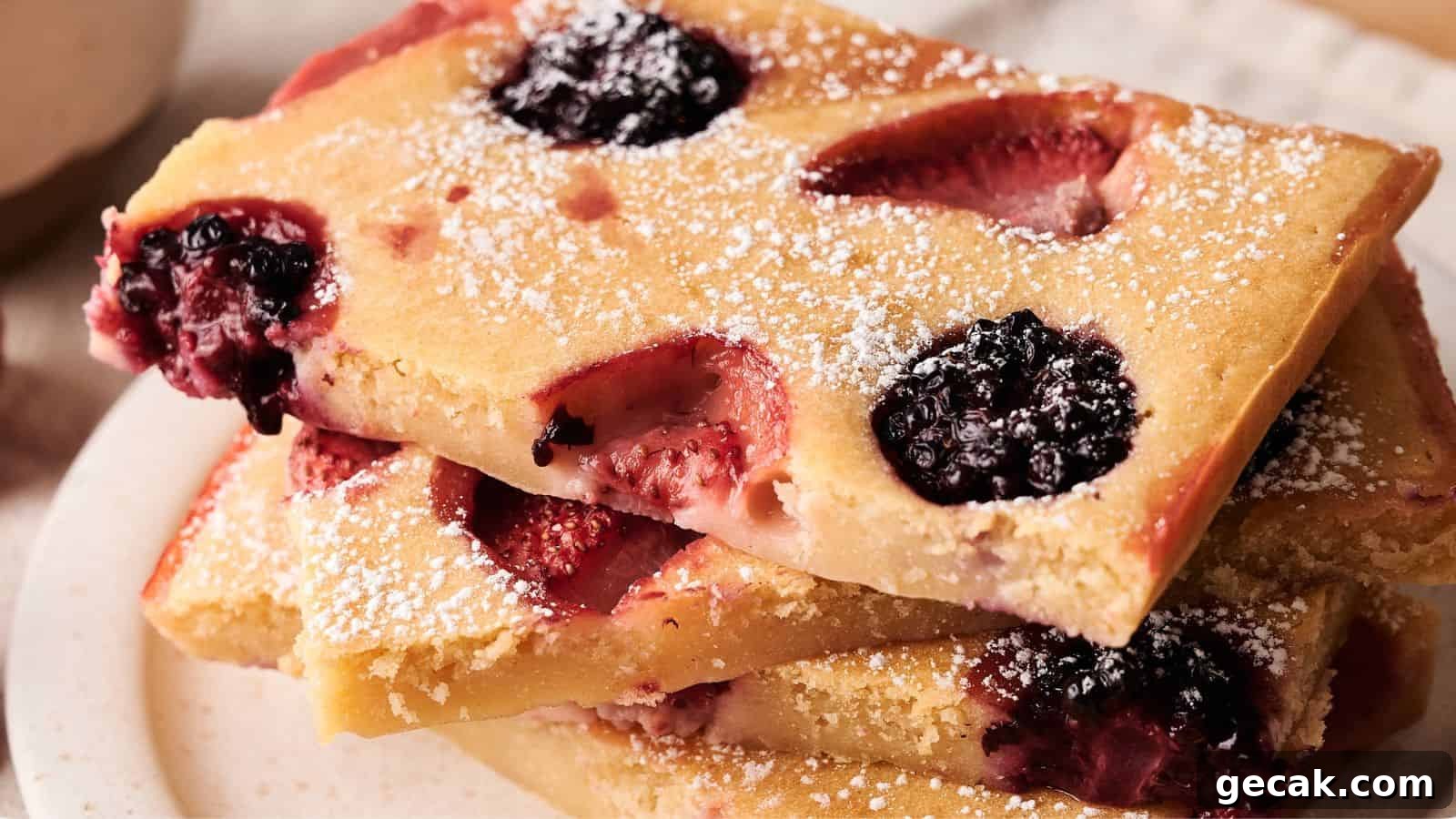 Three rectangular slices of baked fruit-studded cake, topped with powdered sugar, are stacked on a white plate.