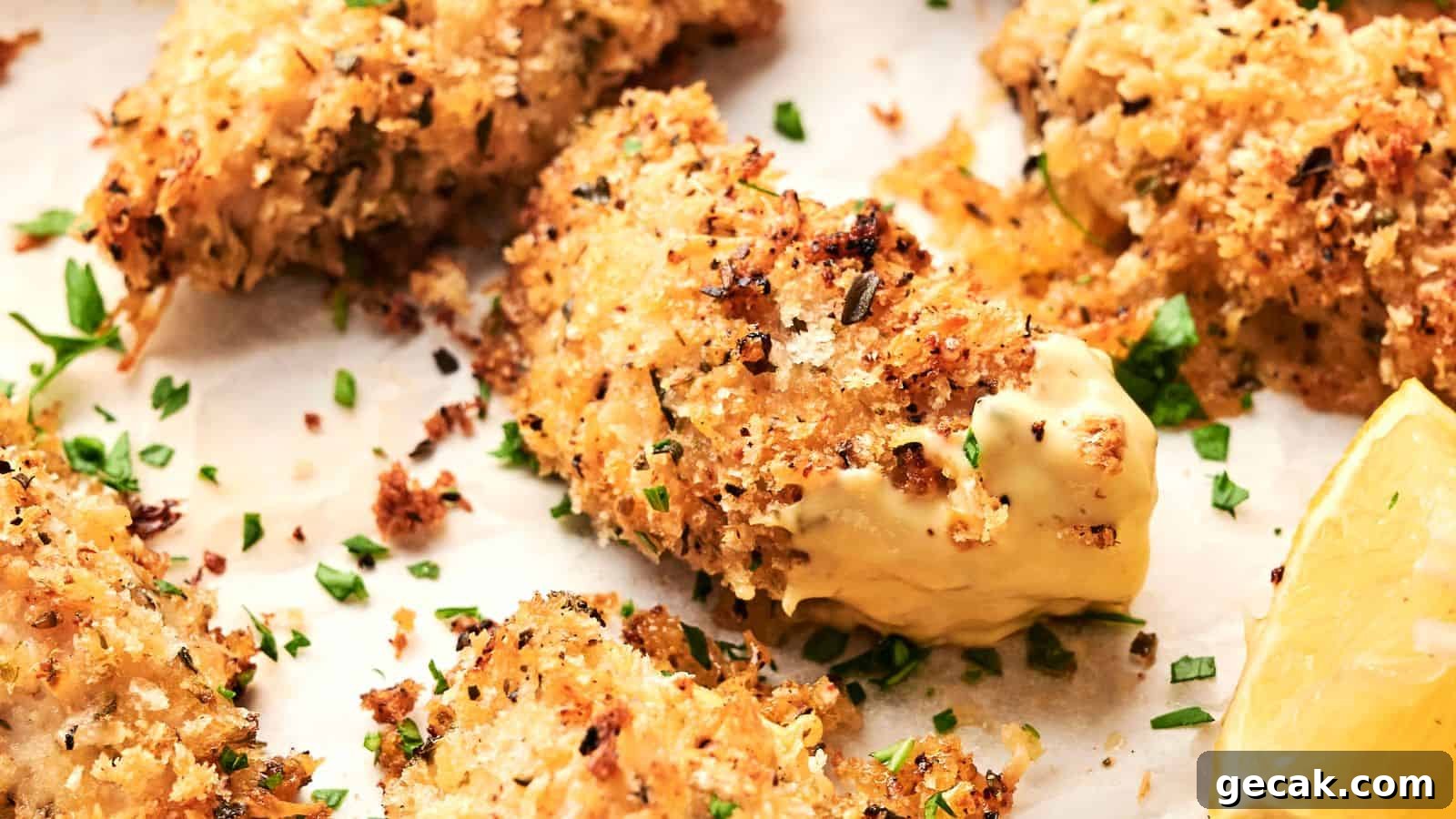 Close-up of crispy, Sheet Pan Parmesan Crusted Chicken pieces garnished with chopped herbs and served with a lemon wedge. The pieces are placed on a parchment-lined surface.