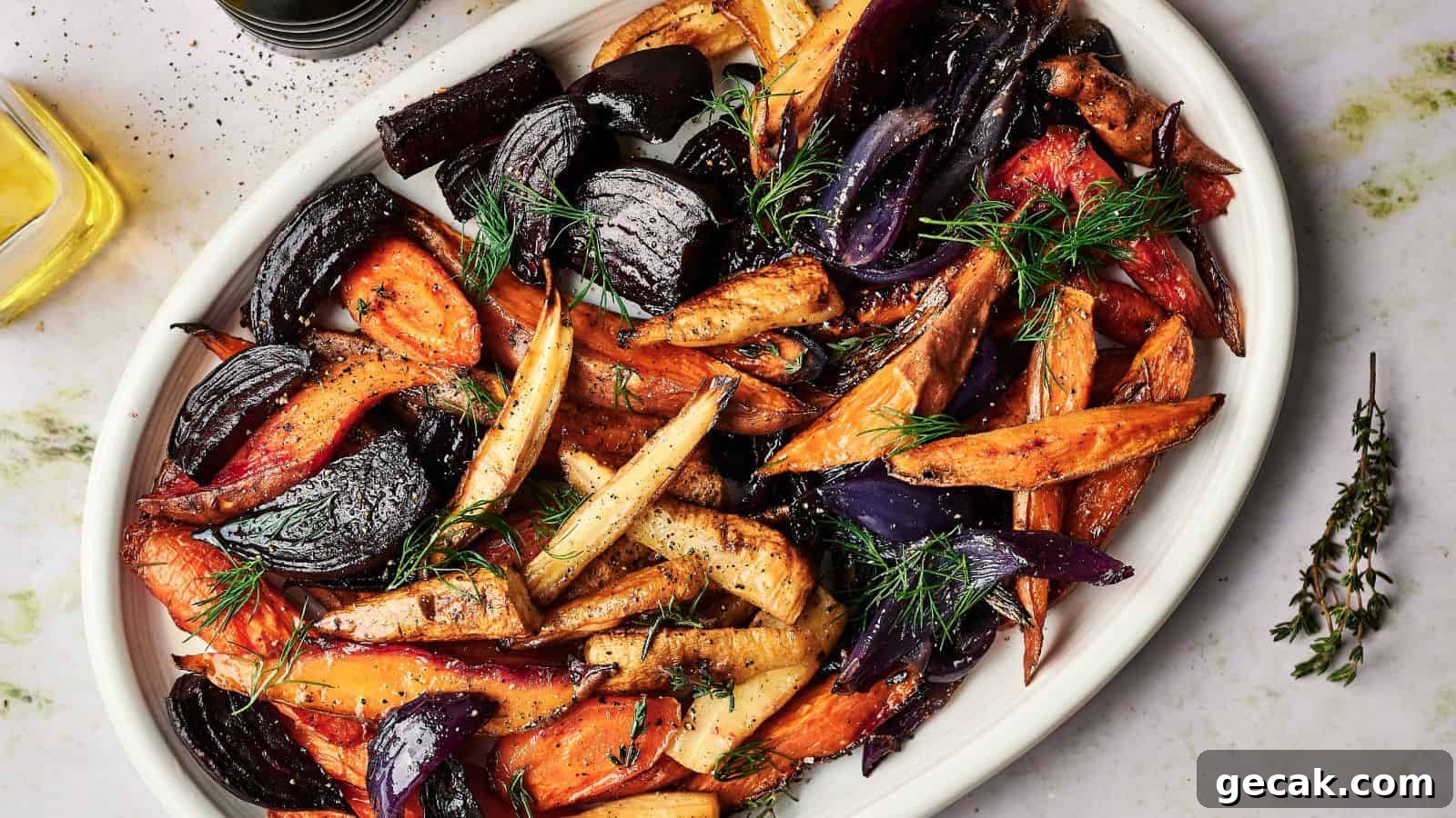 A white dish with roasted root vegetables, including carrots, parsnips, red onions, and sweet potatoes, garnished with fresh dill and thyme.