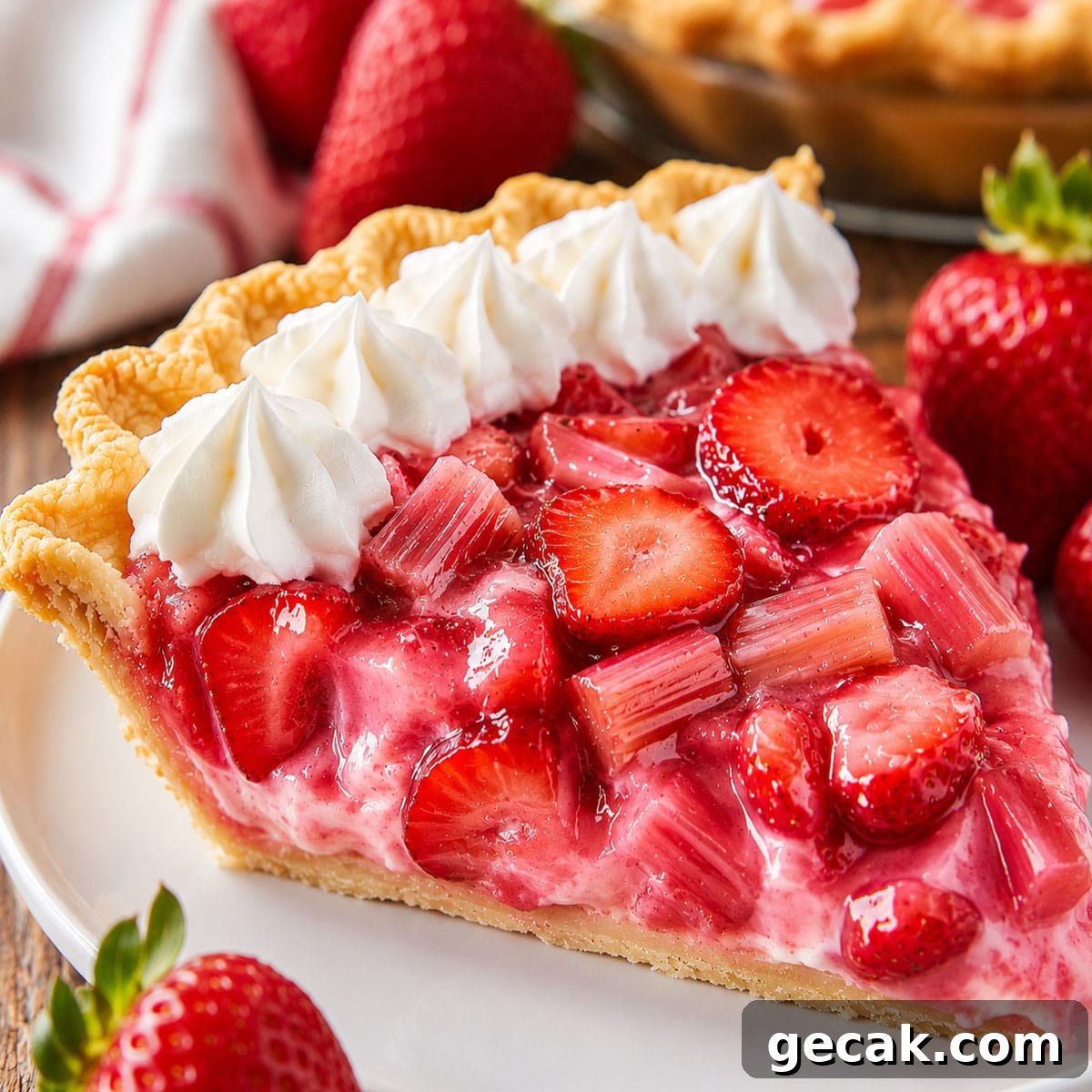 Creamy Strawberry Rhubarb Pie Recipe for Summer Entertaining 3 Strawberry Rhubarb Pie close-up showing glossy strawberries, chunky rhubarb, creamy filling, and whipped cream peaks