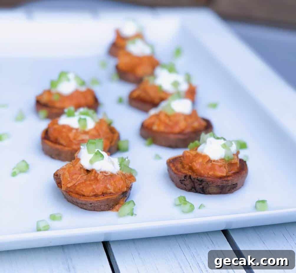 These Roasted Buffalo Chicken Sweet Potato Rounds are an easy make ahead game day appetizer! Football games or thanksgiving, these are the best recipe for entertaining, holiday or a Superbowl party.