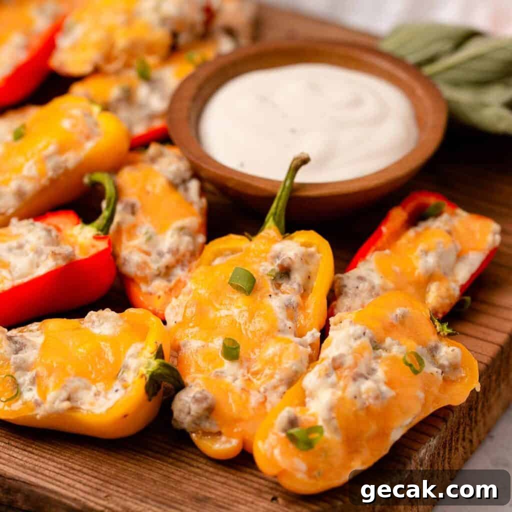Mini sausage cream cheese stuffed peppers on board with sauce.