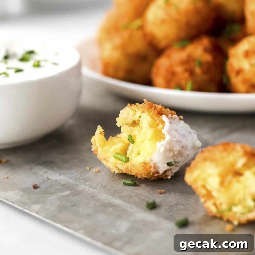 Homemade cheesy potato croquettes with sauce on table.