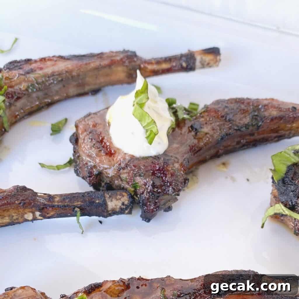 lamb chop lollipops on a plate with yogurt sauce.