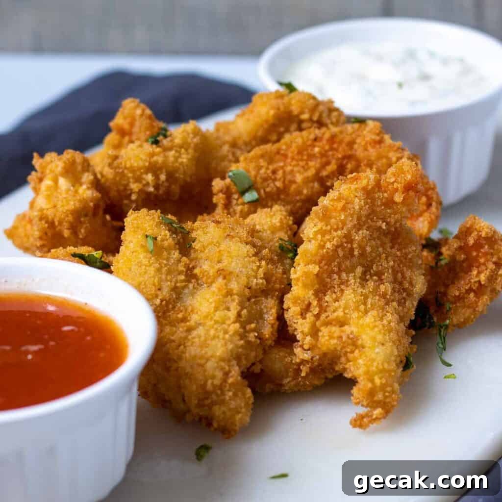Crispy fried butterfly shrimp on table with sauces.