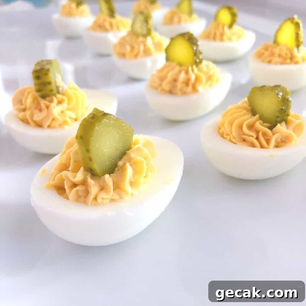 Southern deviled eggs with pickles.