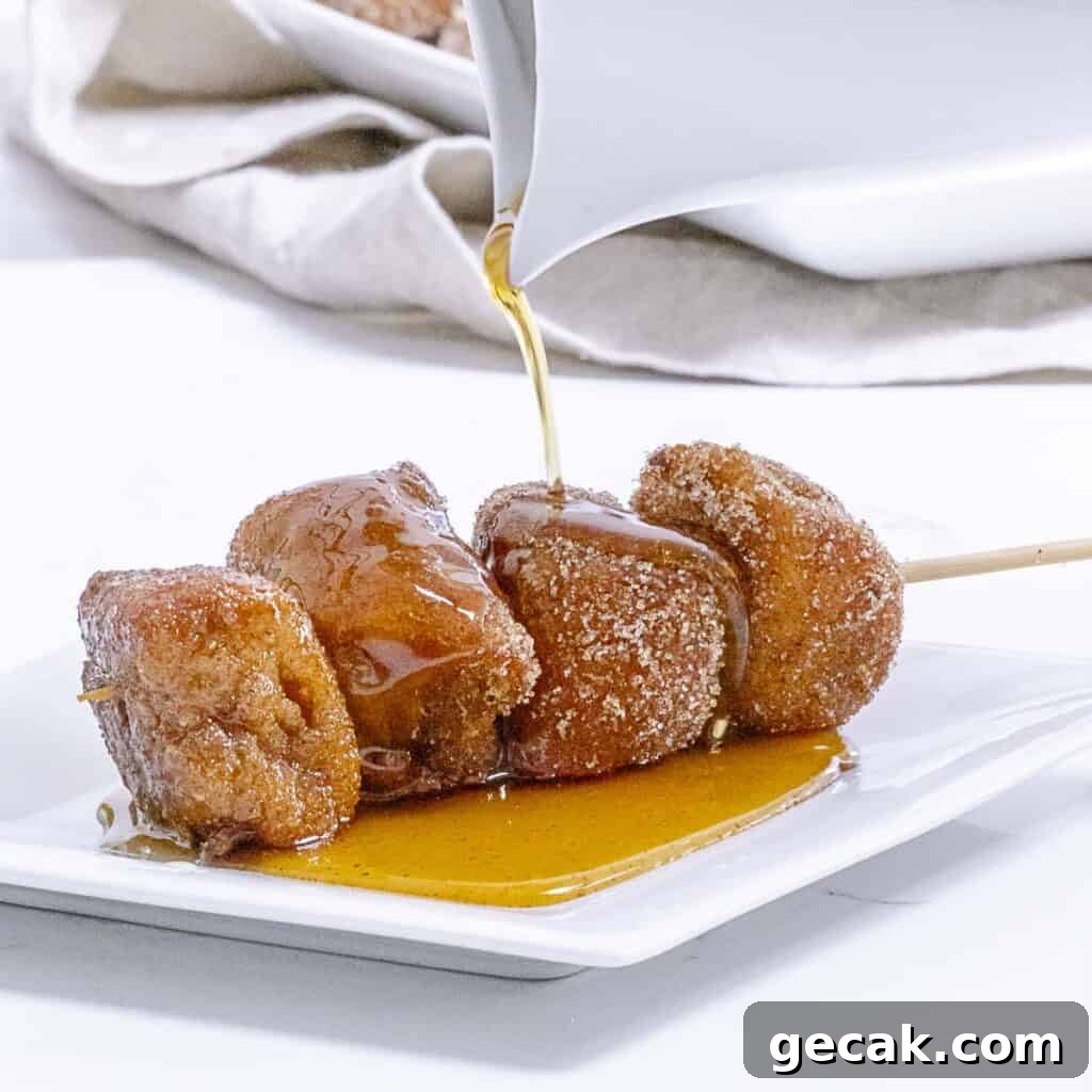 Mini cinnamon sugar French toast bites on kabobs.