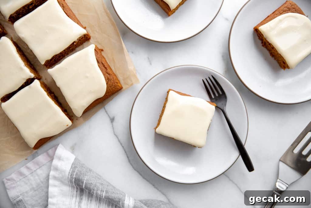 Overhead shot of gingerbread cake topped with maple frosting. 