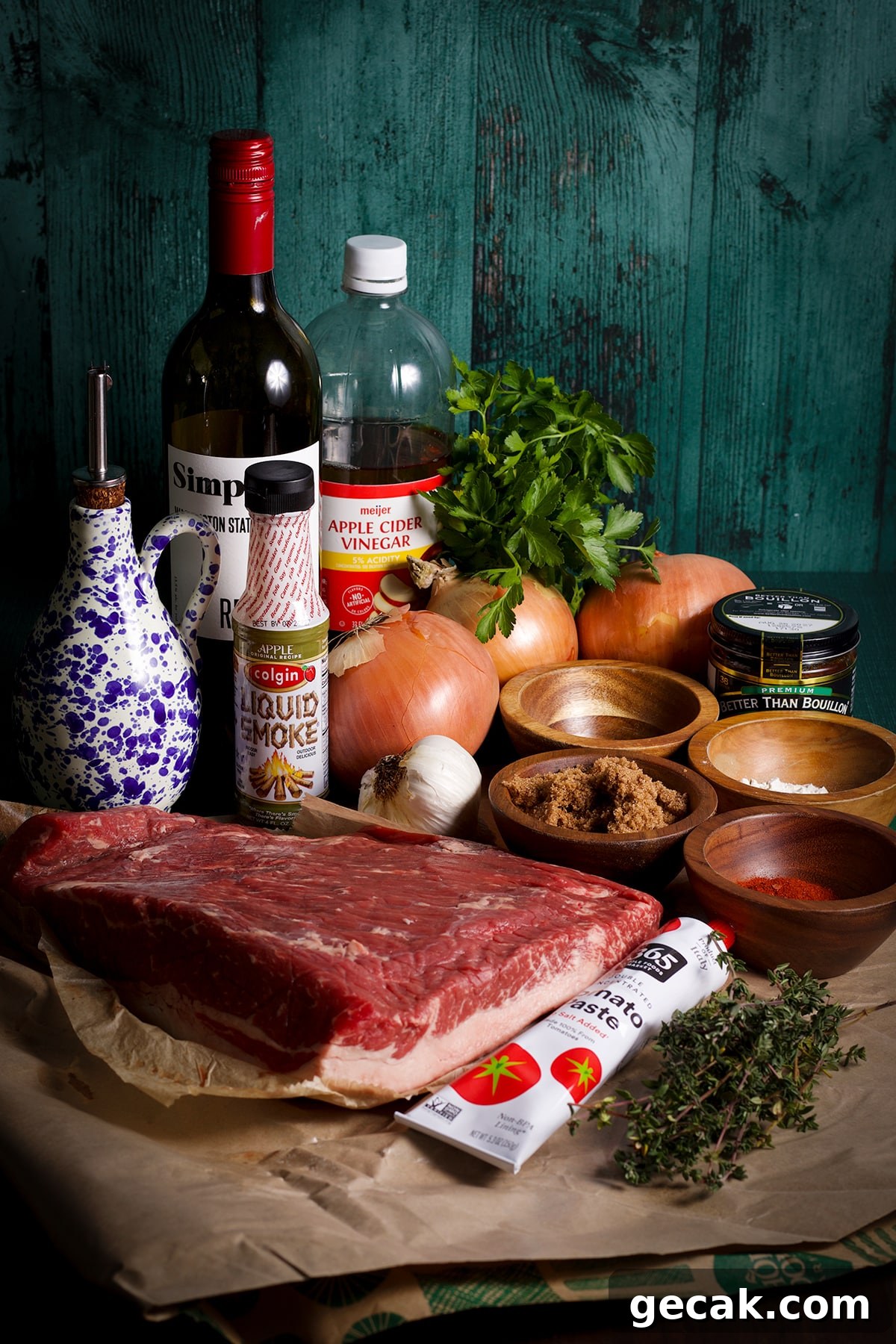 All the ingredients needed to prepare a braised beef brisket.