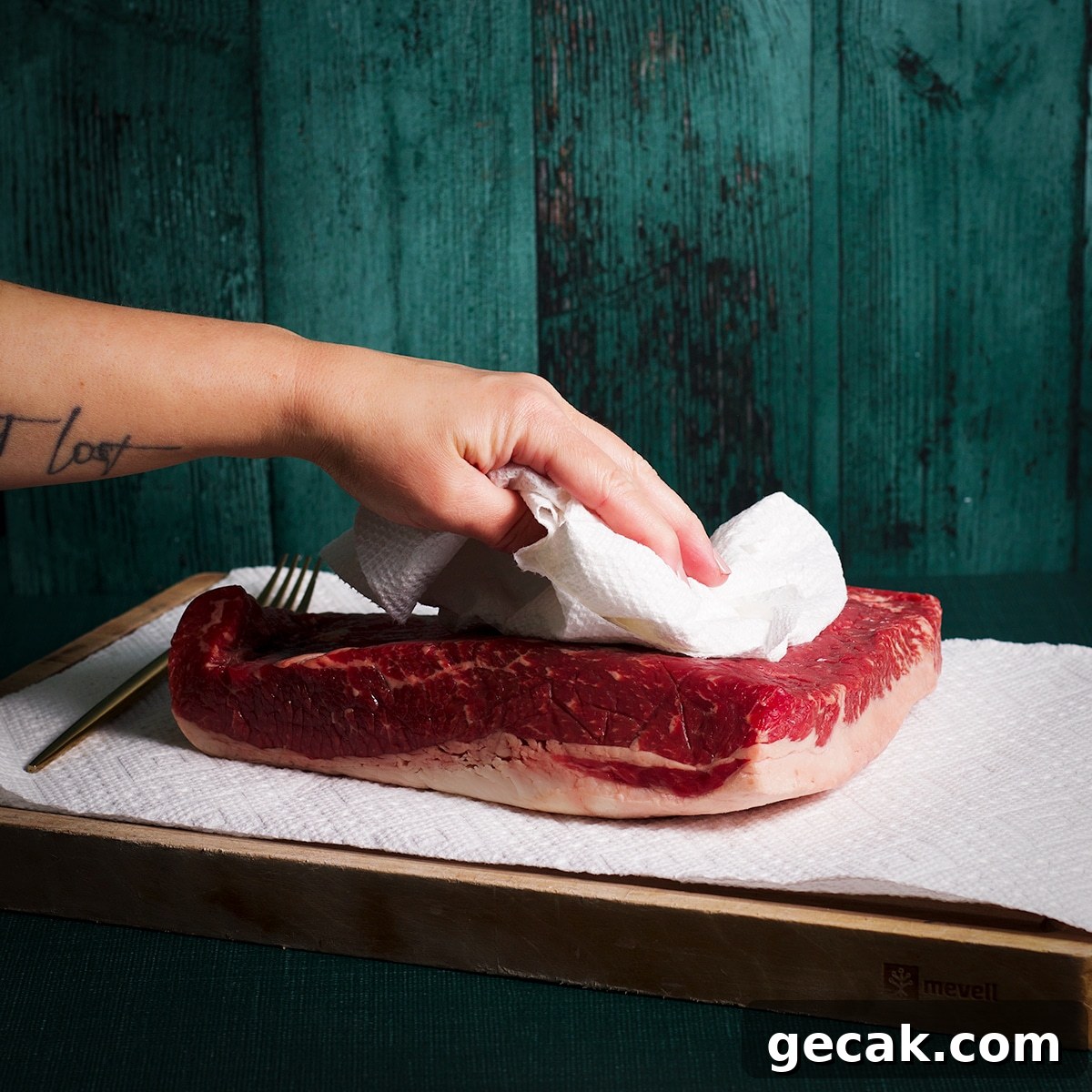 Using a paper towel to remove excess moisture from a beef brisket.