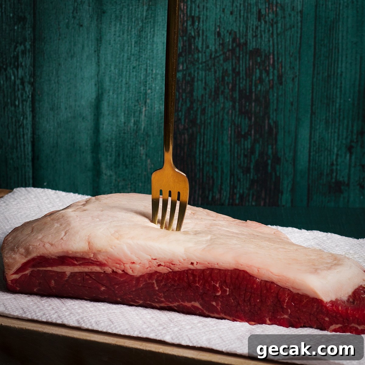 Using a fork to poke holes through the layer of fat on a brisket and down into the meat.