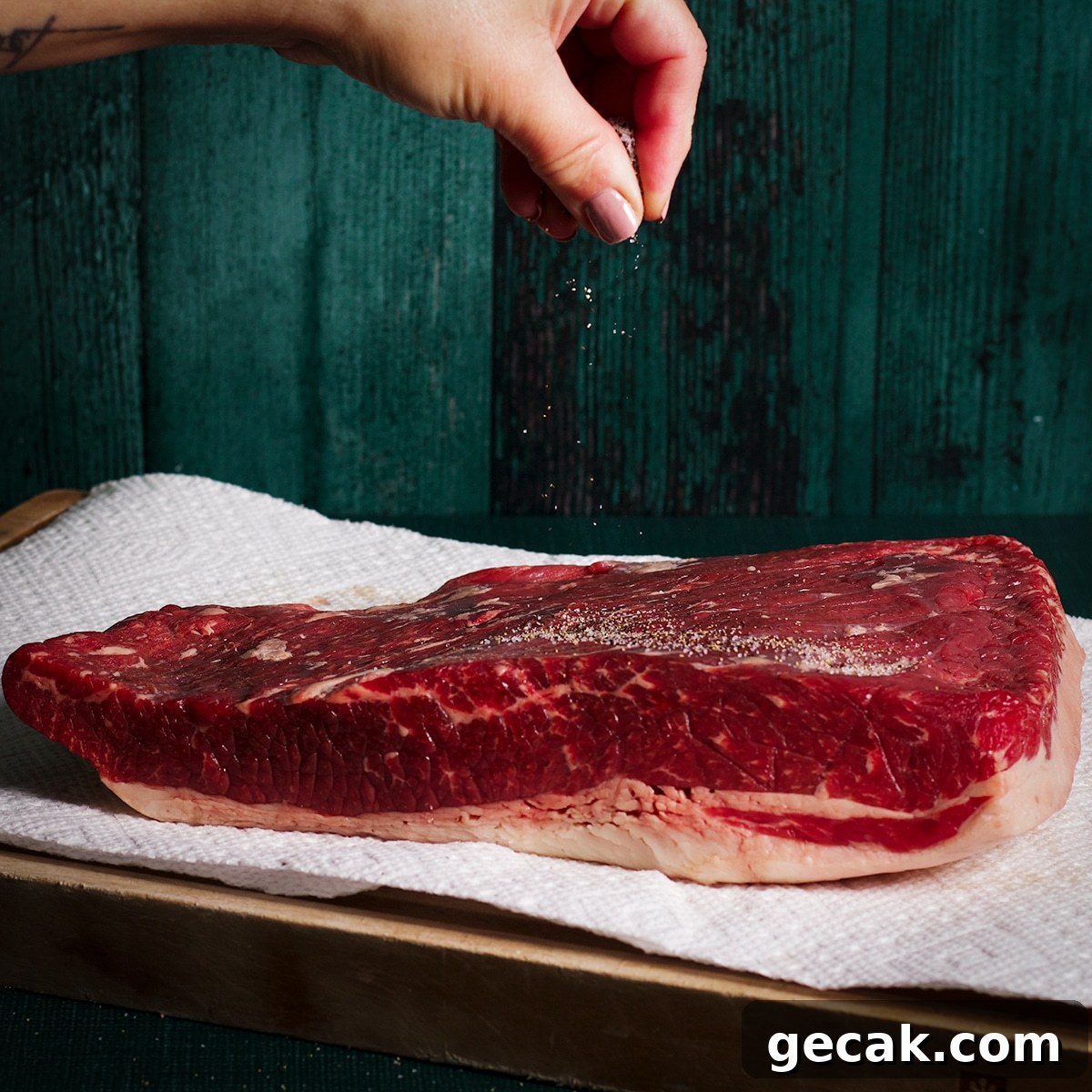 Sprinkling salt and pepper over a beef brisket.