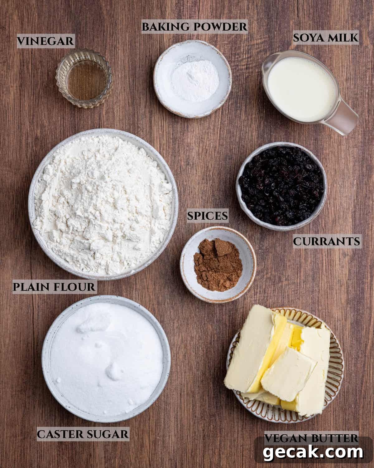 A labelled photo of the ingredients needed to make vegan soul cakes.