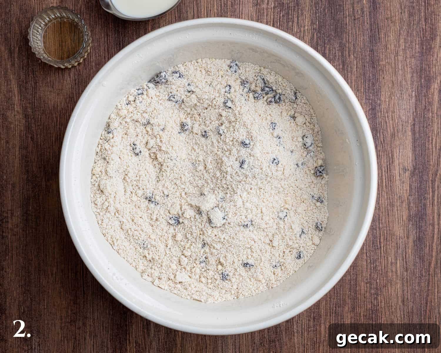 Step 2, the mixture with the sugar and currants added.