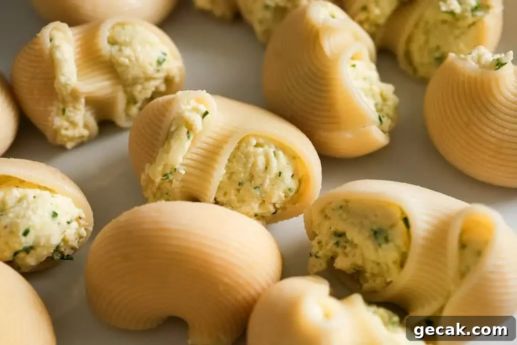 Vodka Ricotta Stuffed Pasta Bake with Creamy Tomato Sauce 3 Uncooked lumaconi pasta shells stuffed with a ricotta cheese mixture, neatly arranged and ready to be baked.