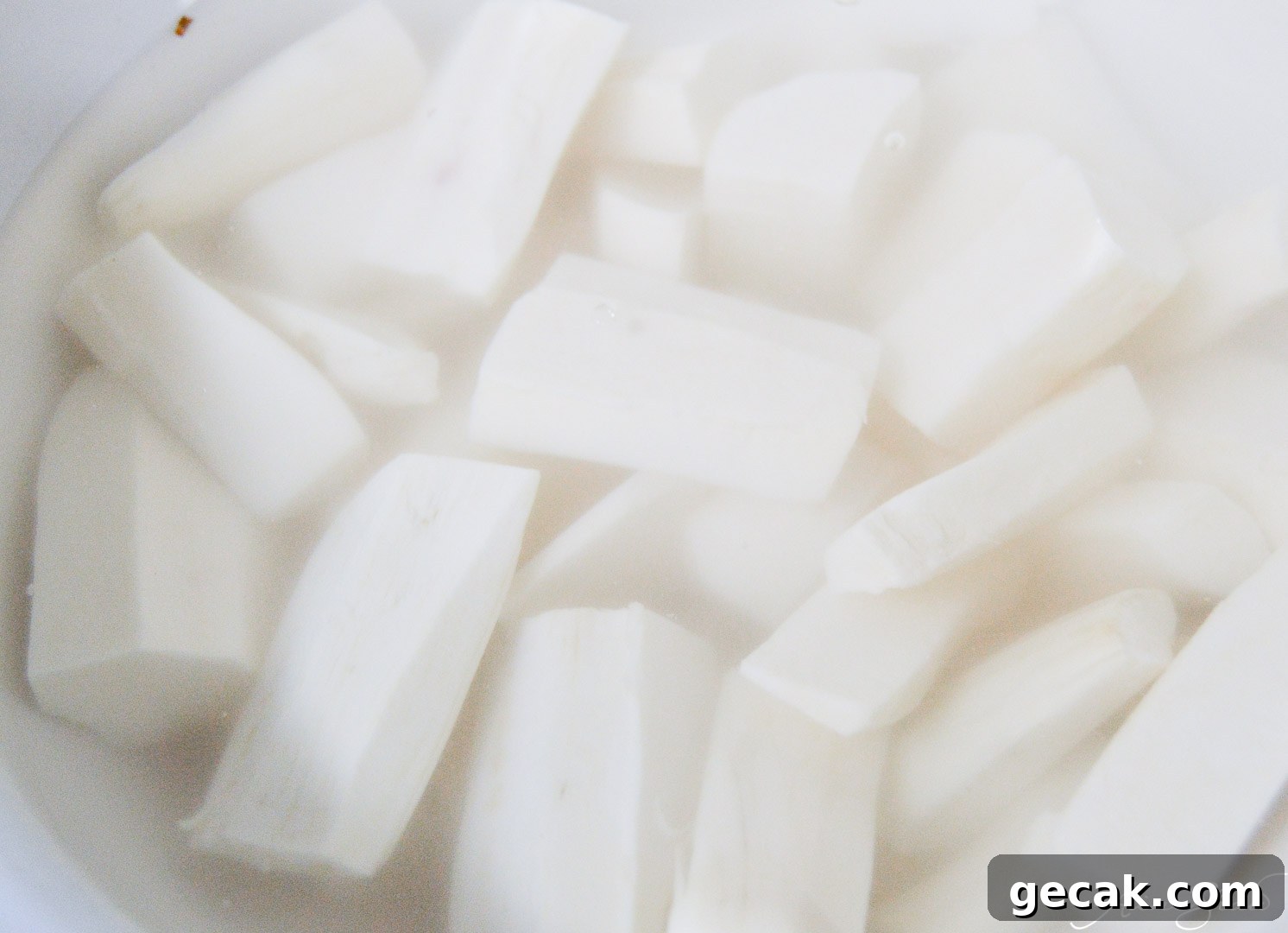 Diced yuca pieces in water