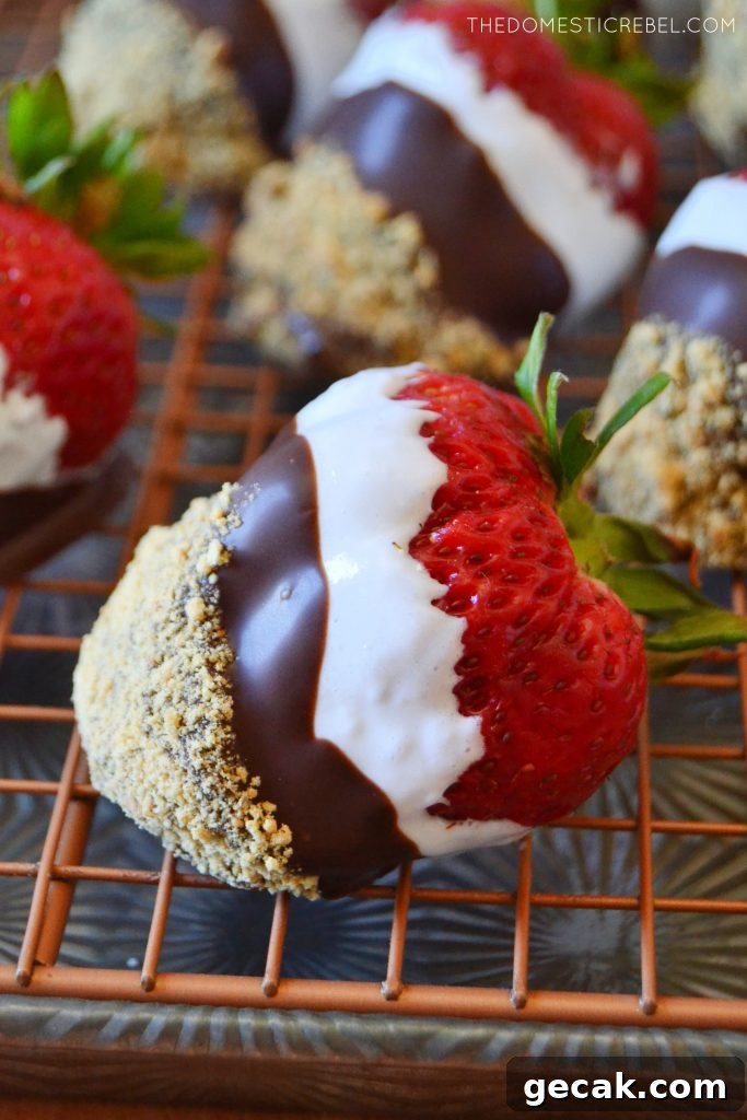 S'mores-Dipped Strawberries: Gooey Chocolate & Marshmallow Treats 3 a sideways profile of a s'mores dipped strawberry on a wire rack
