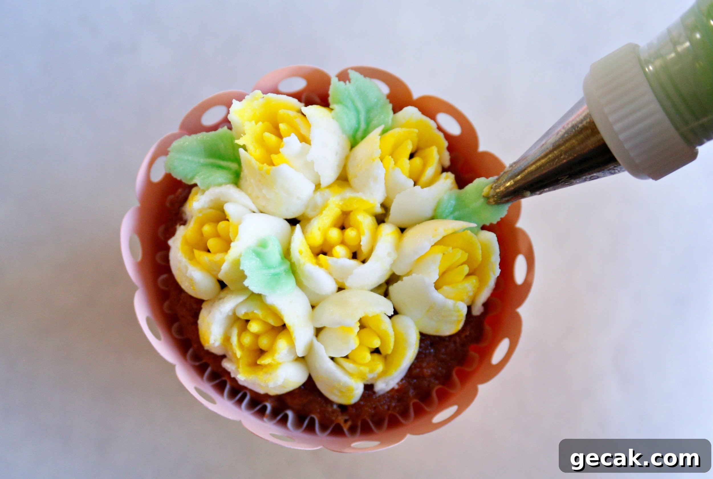 Cupcake Bouquet Tutorial Using Russian Piping Tips 11 Add leaves with leaf tip