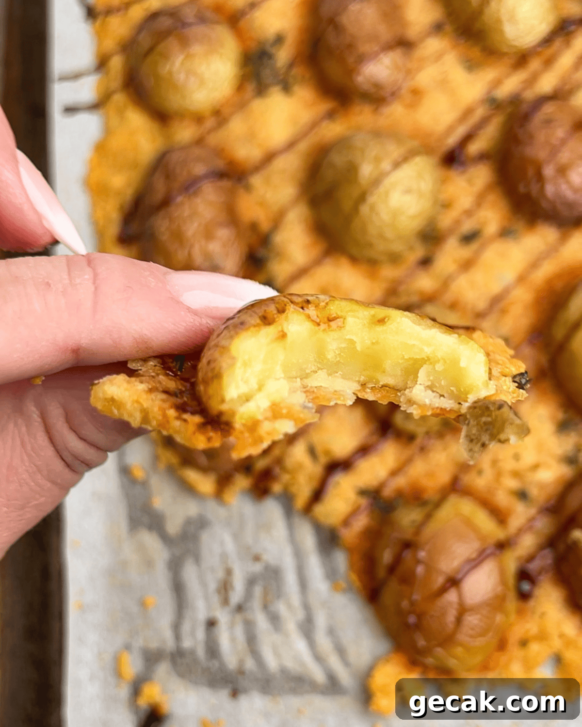 potato with parmesan with a bite mark showing how tender and creamy the inside is
