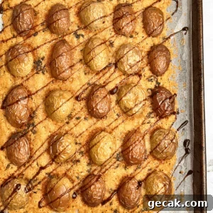 Overhead view of a pan of parmesan roasted potatoes